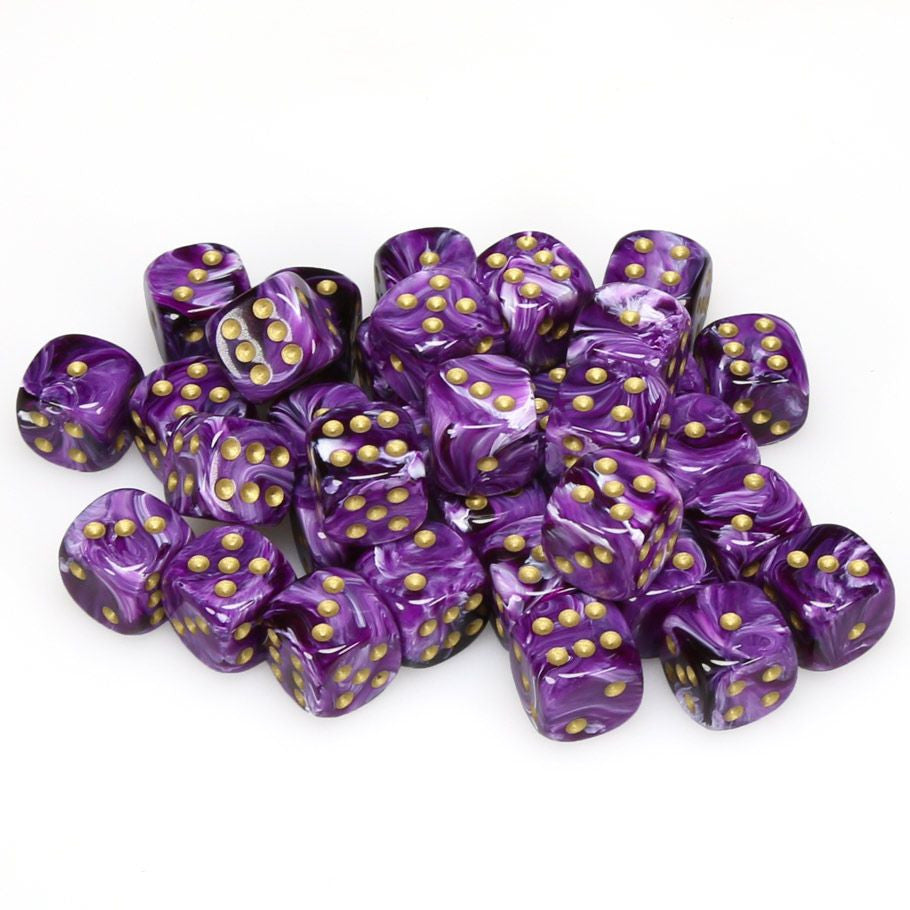 Chessex Vortex Purple with Gold 12mm d6 Dice Block (36 dice), featuring a marbled swirl design with gold pips, ideal for tabletop gaming.