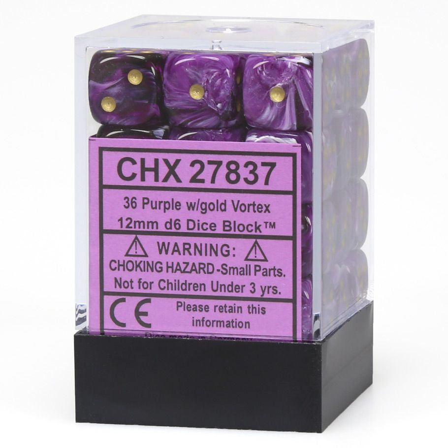 Chessex Vortex Purple with Gold 12mm d6 Dice Block, featuring 36 acrylic dice with gold pips, ideal for tabletop gaming.