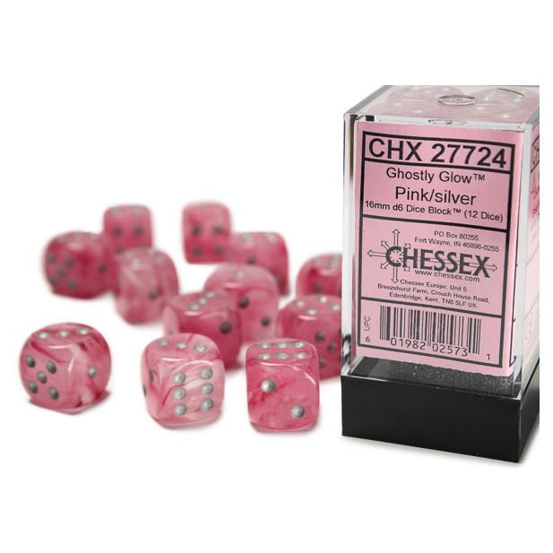 Chessex Ghostly Glow Pink with Silver 16mm d6 Dice Block (12 dice), featuring translucent pink swirl and silver pips, displayed with several dice outside the clear container.