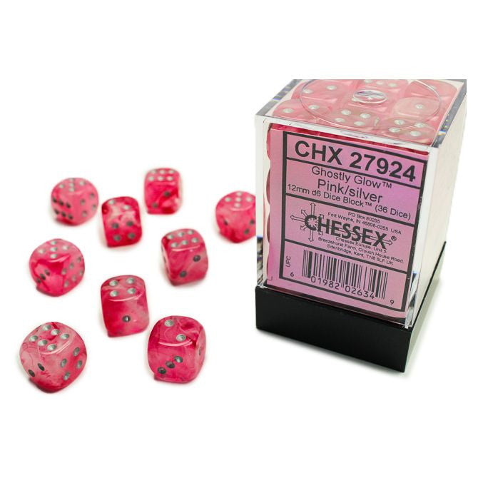 Chessex Ghostly Glow Pink with Silver 12mm d6 Dice Block (36 dice)