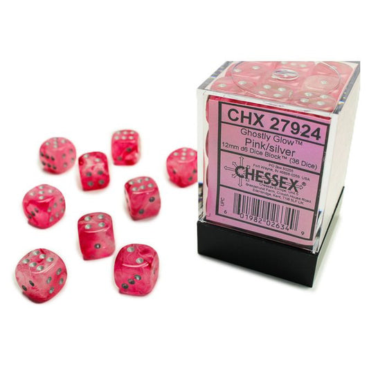 Chessex Ghostly Glow Pink with Silver 12mm d6 Dice Block (36 dice)