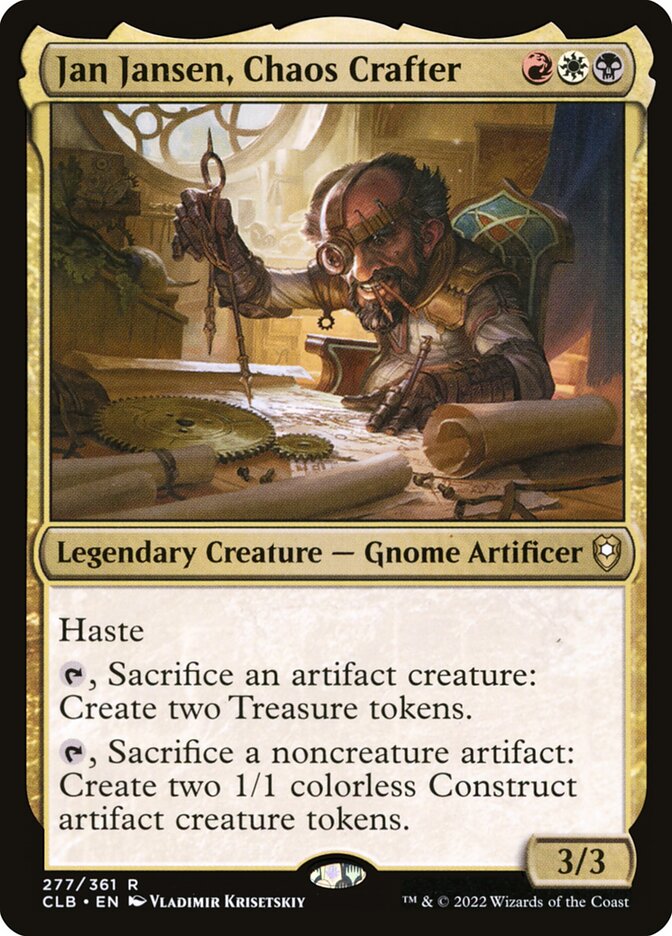 Magic: The Gathering card 'Jan Jansen, Chaos Crafter' featured in the custom MTG Commander EDH Deck by Moonveil Games, showcasing a gnome artificer at workbench.