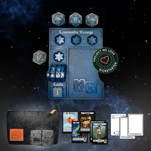 Nerd Gear Commander Essentials Kit showcasing dice, tracking tray, carry case, trading cards, and sleeves for organizing Magic: The Gathering Commander games.