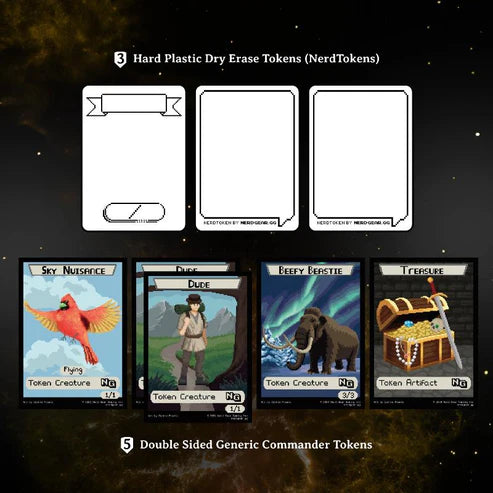 Nerd Gear Commander Essentials Kit showing dry-erase tokens and illustrated Commander tokens, ideal for organized gameplay in Magic: The Gathering.