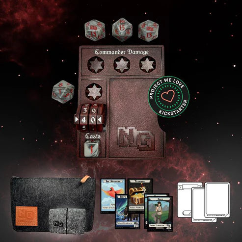 Nerd Gear Commander Essentials Kit with play board, themed dice, spin-wheel counter, felt pouch, deck box, and sample cards, ideal for Magic: The Gathering Commander games.