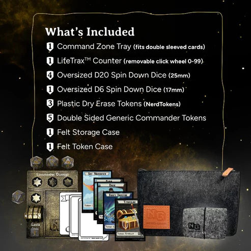 Nerd Gear Commander Essentials Kit featuring a Command Zone Tray, LifeTrax™ Counter, oversized dice, dry-erase tokens, and felt cases for organized MTG Commander gameplay.