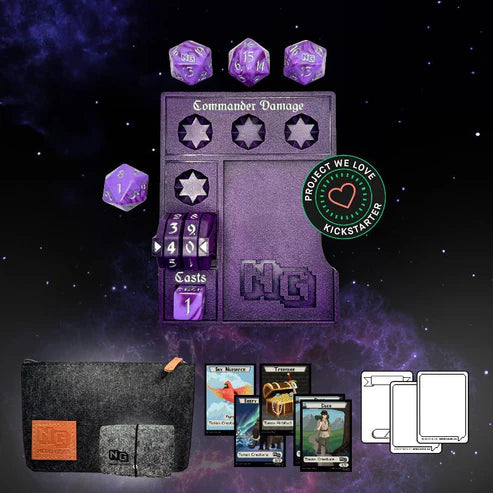 Nerd Gear Commander Essentials Kit with damage-tracking tray, dice, pouch, and tokens for Magic: the Gathering Commander players, showcased with Kickstarter badge.