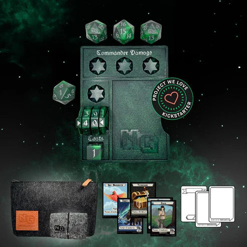 Nerd Gear Commander Essentials Kit featuring a tracker board, dice set, pouch, and card sleeves for organized MTG Commander gameplay, highlighted as a Kickstarter favorite.