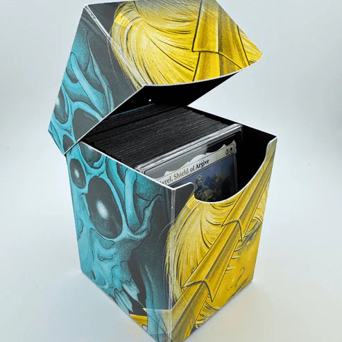 Nerd Gear Commander Shield - 5 Pack in an open deck box with custom fantasy artwork, holding sleeved trading cards for optimal protection and fit.