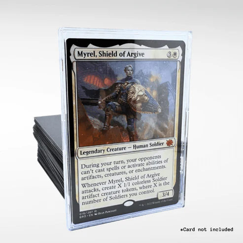 Nerd Gear Commander Shield - 5 Pack displaying a Myrel, Shield of Argive MTG card. Compact acrylic holder for trading cards, perfect for deck boxes.