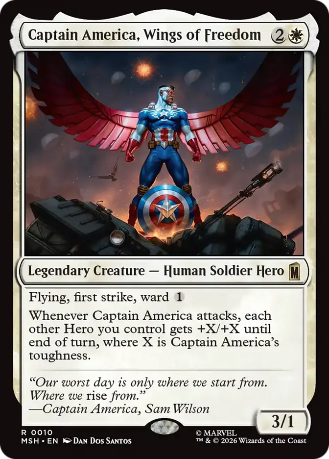 Card featuring Captain America with wings, standing on a rocky outcrop with a dark sky background.