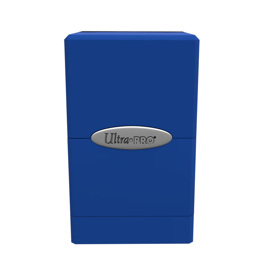 Ultra PRO: Satin Tower: Pacific Blue Deck Box for storing 100+ cards, featuring a durable plastic shell, snap-fit lock, and compartment for dice or counters.