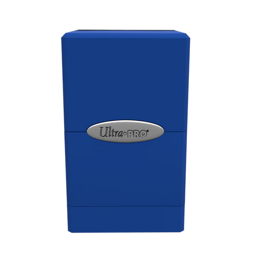 Ultra PRO: Satin Tower: Pacific Blue Deck Box for storing 100+ cards, featuring a durable plastic shell, snap-fit lock, and compartment for dice or counters.
