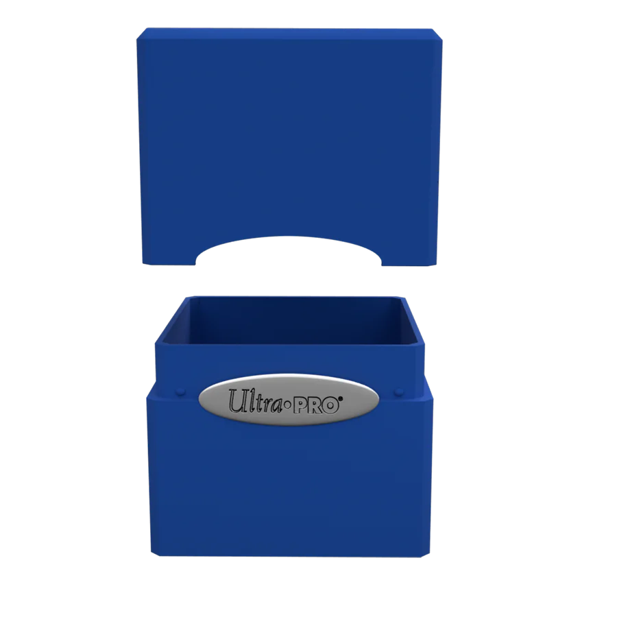 Ultra PRO: Satin Cube: Pacific Blue Deck Box with lid off, designed to store 100+ trading cards securely, featuring a durable, snap-fit mechanism.