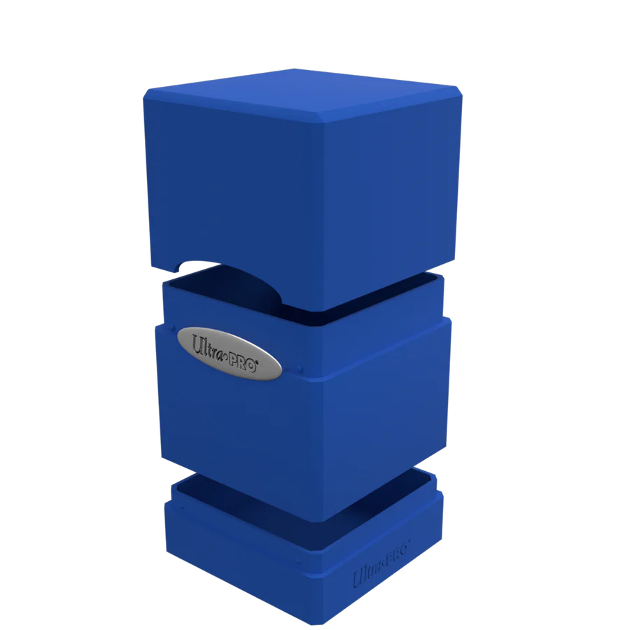 Ultra PRO: Satin Tower: Pacific Blue Deck Box, showing lid, inner tray, and base, stores 100+ cards, includes dice compartment, with secure snap-fit locking.