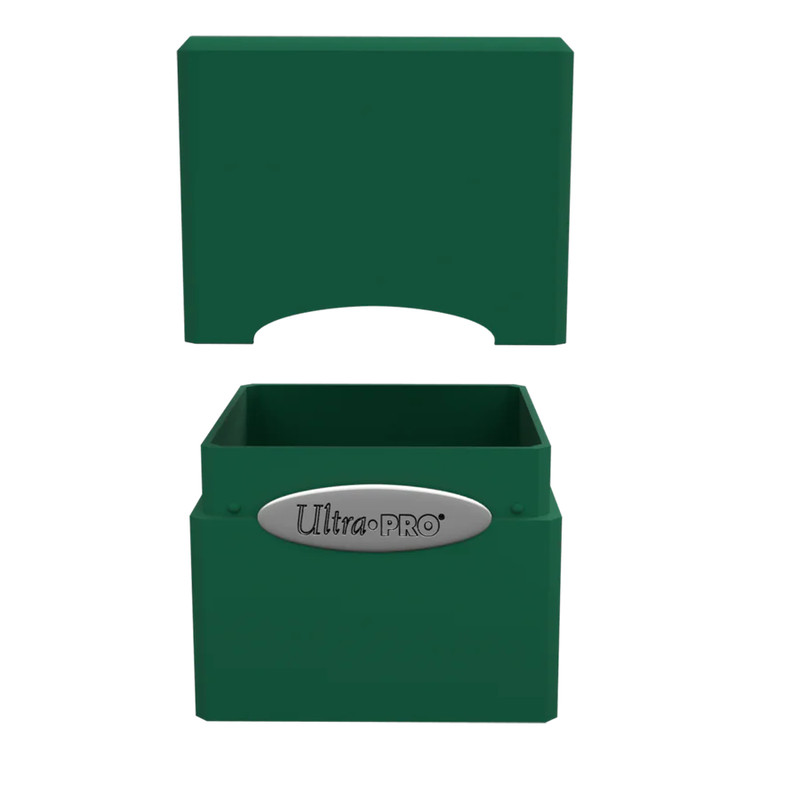 Ultra PRO: Satin Cube: Forest Green Deck Box with removable lid, designed for 100+ cards, featuring a durable, snap-fit locking mechanism.