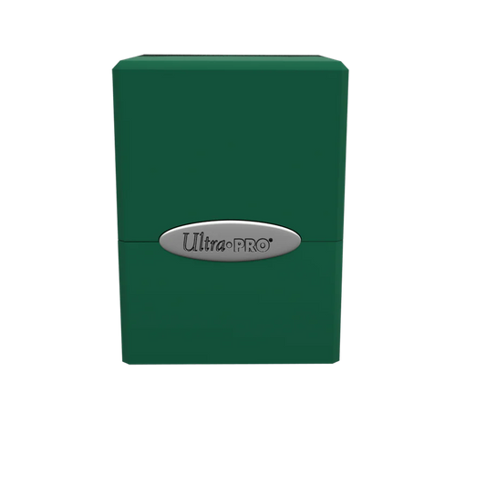 Ultra PRO: Satin Cube: Forest Green Deck Box, a durable plastic case with snap-fit lock, holds 100+ cards, featuring a silver Ultra•PRO logo.