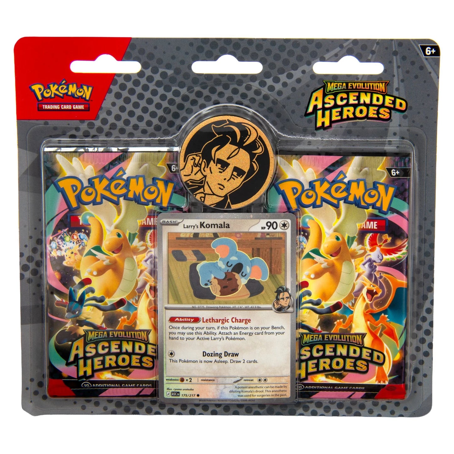 Pokémon TCG: Mega Evolution 2.5: Ascended Heroes: 2-Booster Blister Larry’s Komala, featuring two booster packs, Larry’s Komala promo card, and collectible Larry coin.