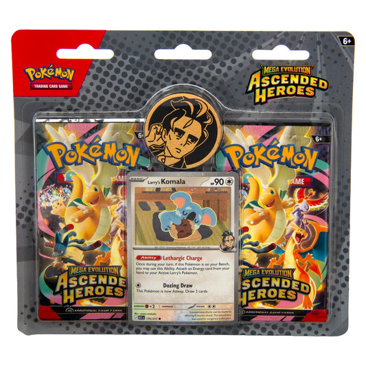 Pokémon TCG: Mega Evolution 2.5: Ascended Heroes: 2-Booster Blister Larry’s Komala, featuring two booster packs, Larry’s Komala promo card, and collectible Larry coin.