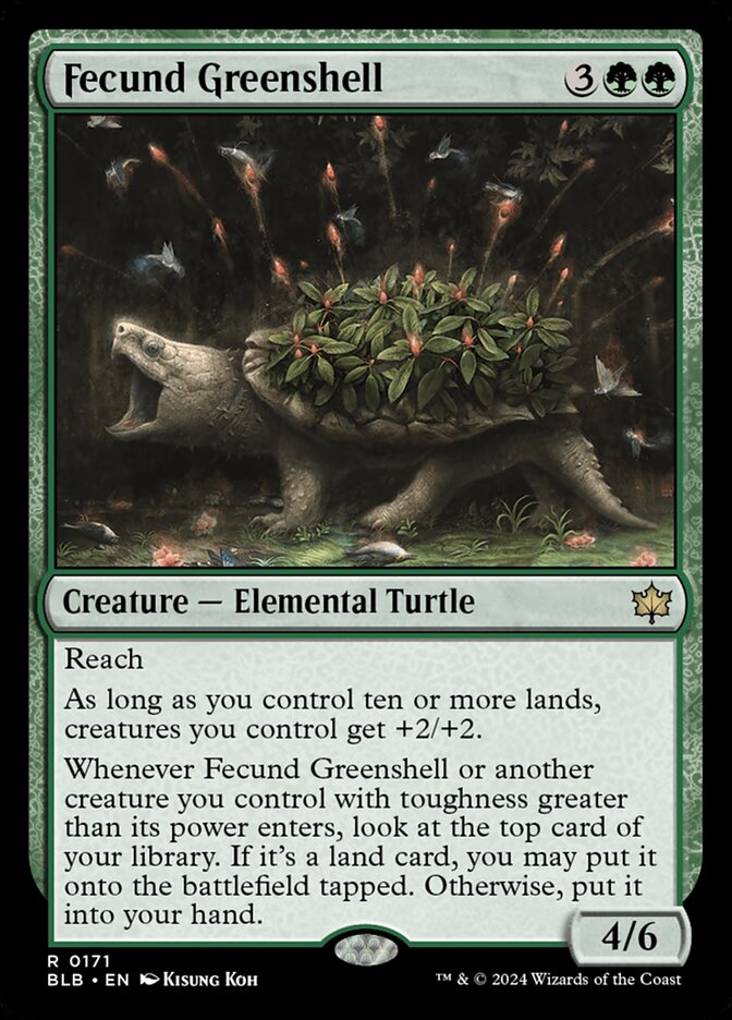 Fecund Greenshell MTG card in custom EDH deck, featuring a moss-covered turtle elemental with special abilities, part of Moonveil Games' curated collection.