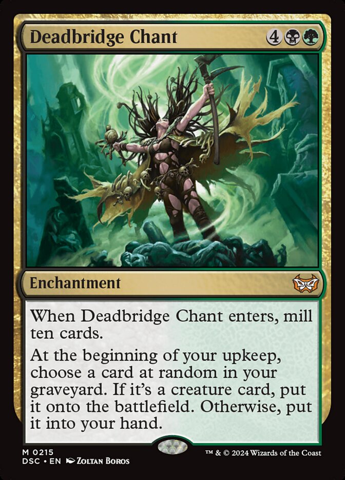 MTG Commander Deck featuring Deadbridge Chant for Meren of Clan Nel Toth. Includes 100 Magic cards, emphasizing Golgari sacrifice and graveyard strategies. Custom-built by Moonveil Games.