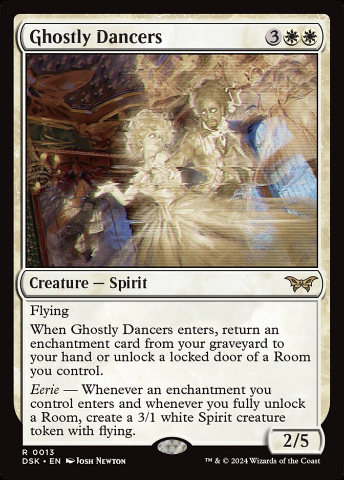 MTG Commander Deck featuring Ghostly Dancers card; two Victorian spirits waltzing. Custom-built by Moonveil Games, includes 100 Magic cards and focuses on auras and enchantments.