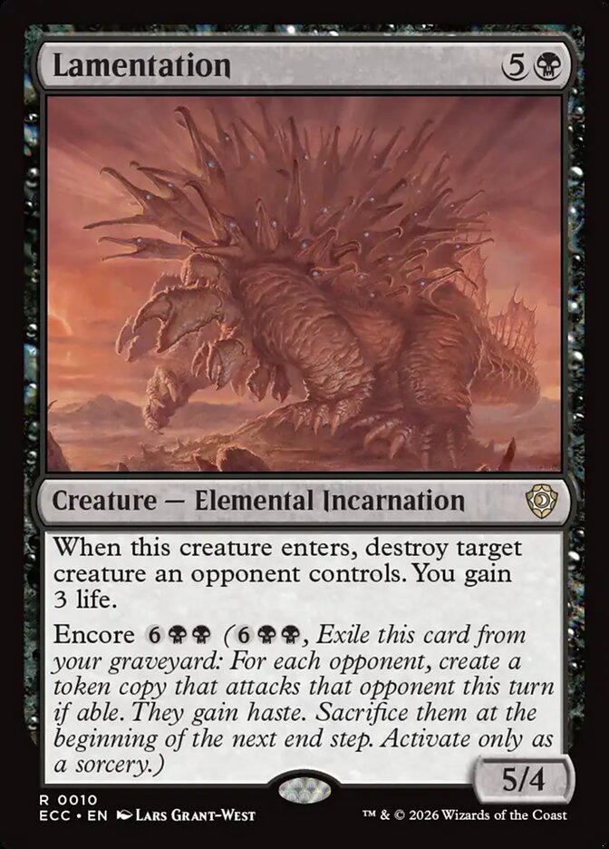 MTG Commander Deck with Jon Irenicus, featuring the rare Lamentation card, showcasing a spiky elemental in a wasteland. Custom-built by Moonveil Games.