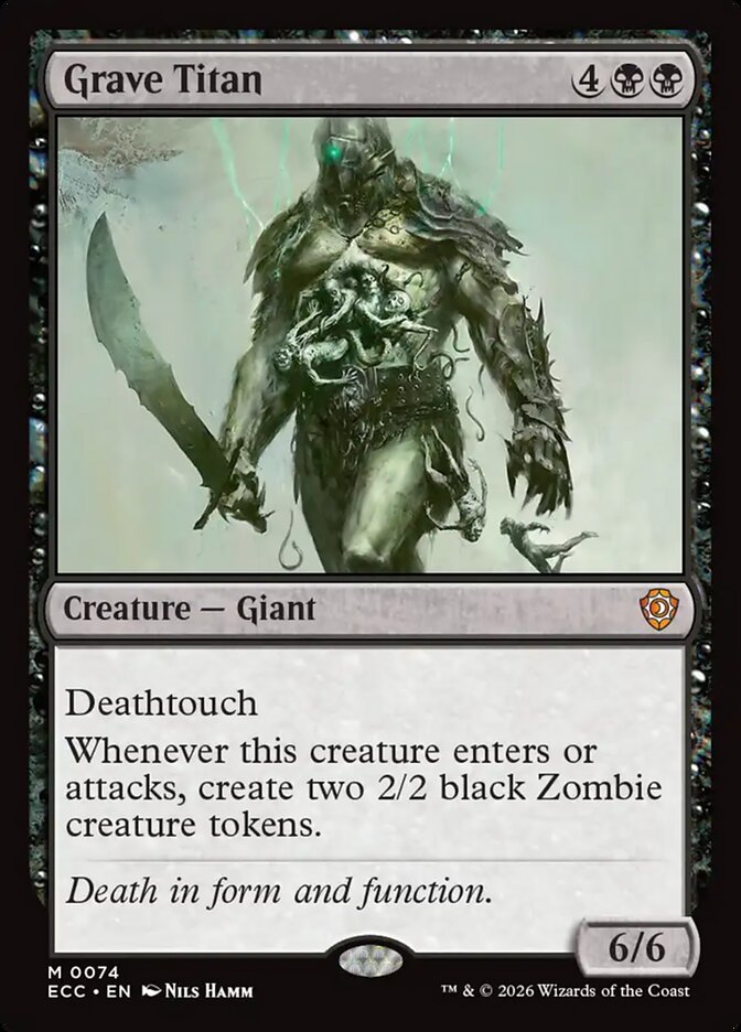 MTG Commander Deck featuring Grave Titan, a powerful 6/6 creature card, part of a custom-built 100-card EDH deck by Moonveil Games.