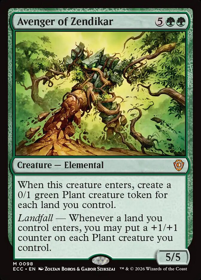 Avenger of Zendikar card in MTG Commander Deck featuring Toph, the First Metalbender, showcasing a green Elemental with landfall abilities for casual play.