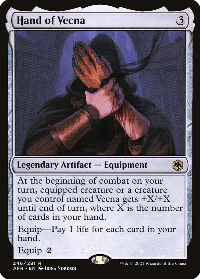 MTG Commander EDH Deck featuring Hand of Vecna card, part of a custom-built 100-card deck by Moonveil Games for casual play.
