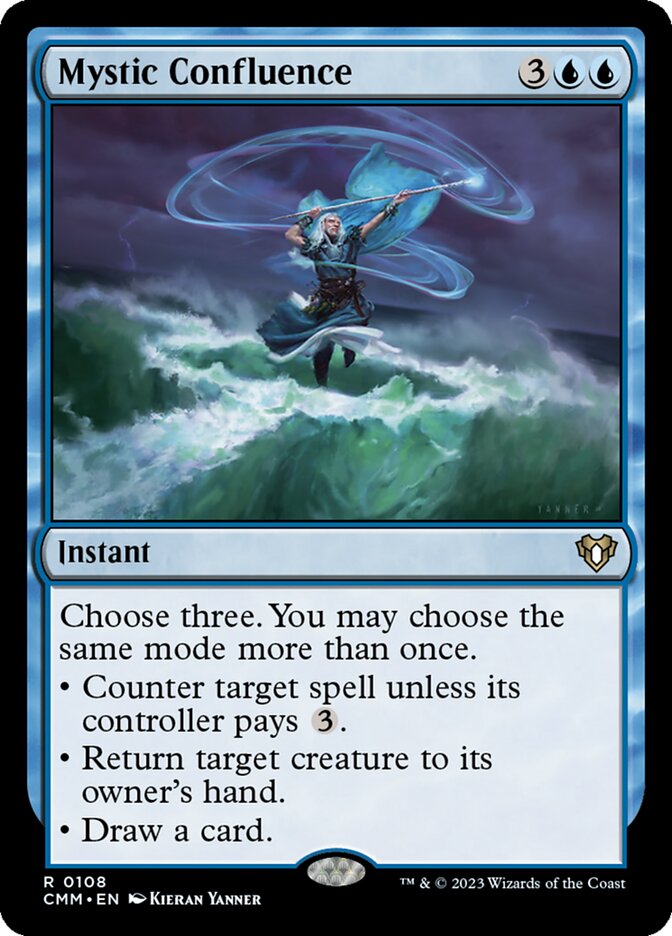 MTG Commander EDH Deck featuring Mystic Confluence card, part of Moonveil Games' custom 100-card blue deck for casual play.