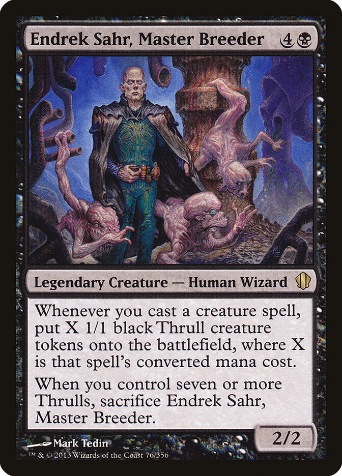 MTG Commander EDH Deck featuring Endrek Sahr, Master Breeder card, part of Moonveil Games' custom Rakdos Sacrifice 100-card deck for casual play.