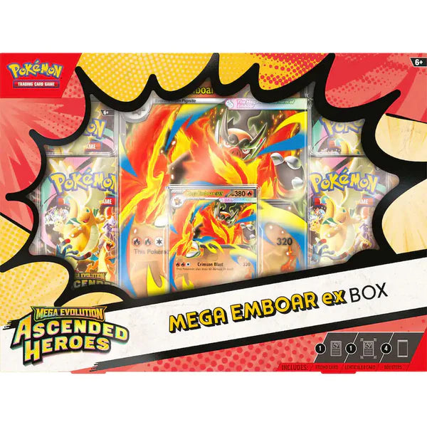 Pokémon TCG: Mega Evolution 2.5: Ascended Heroes Mega Ex Box (RANDOM) featuring Mega Emboar ex promo, jumbo card, and four booster packs in fiery packaging.
