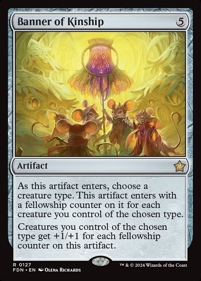 Magic: The Gathering card Banner of Kinship, a rare artifact from the 2024 set, features robed mice under a glowing banner for the MTG Commander Rat Deck.