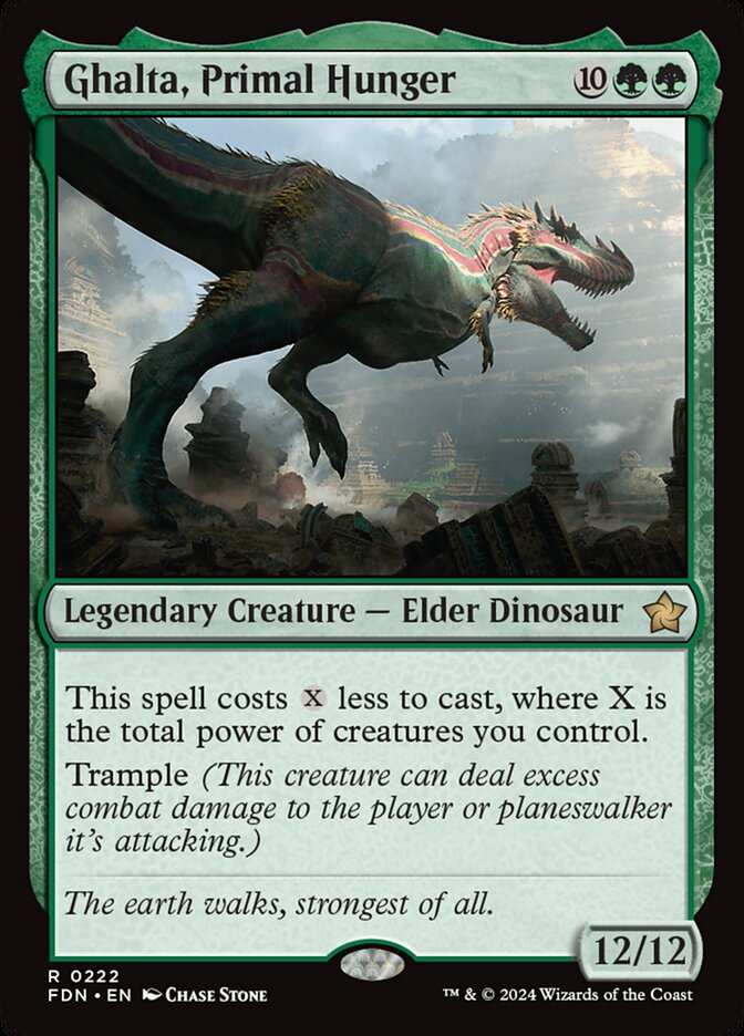 Ghalta, Primal Hunger card from Godzilla Commander Deck, featuring a towering dinosaur amid ruins, crafted by Moonveil Games for casual EDH play.