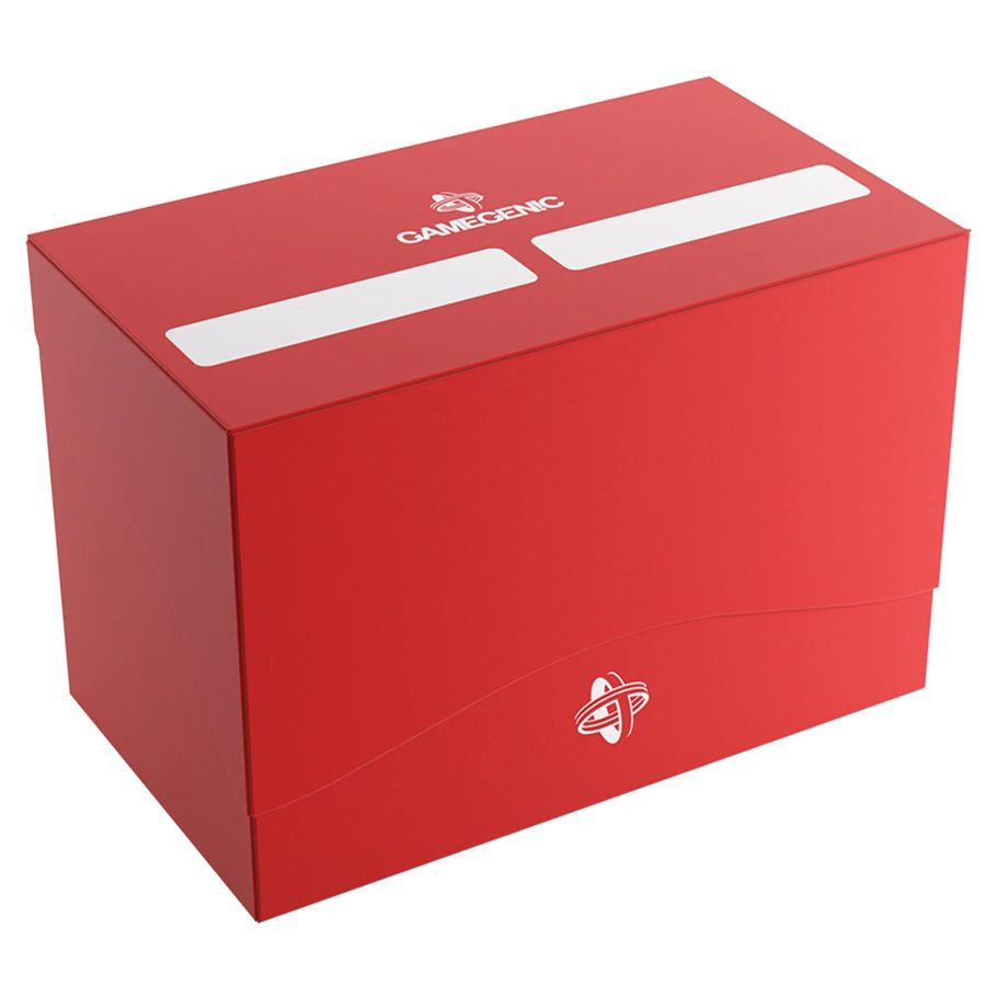 GameGenic: DOUBLE DECK HOLDER 200+ XL RED, designed for secure storage of 200 double-sleeved cards, features removable holders and Cobra Neck technology for easy access.
