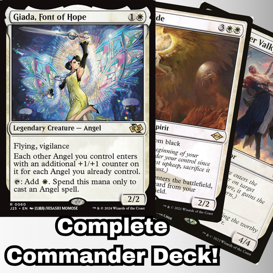 MTG Commander Angel Deck featuring Giada, Font of Hope, showcasing a complete 100-card custom deck for casual play by Moonveil Games.