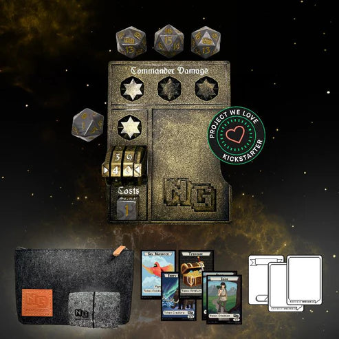 Nerd Gear Commander Essentials Kit: complete TCG accessory bundle with custom dice, tracking board, dice tray, deck pouch, sleeves, and dividers for organized gameplay.
