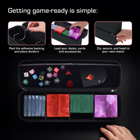 BCW Prism Deck Case - Array setup guide; shows divider placement, card loading, and zipped closure for organized MTG Commander deck transport.