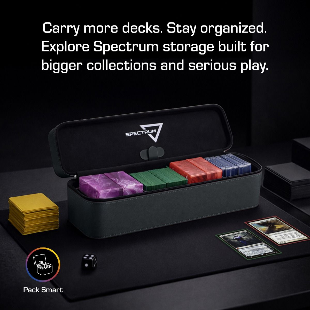 BCW Prism Deck Case - Array, black zip-around case with trays for colorful sleeved cards, on a play surface with game accessories, emphasizing organization for MTG Commander decks.