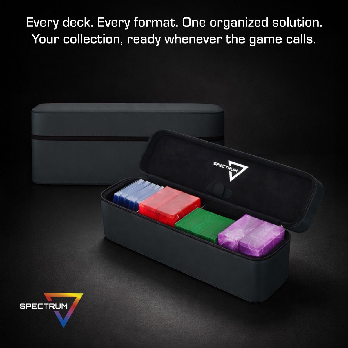 BCW Prism Deck Case - Array, open with deck boxes inside, showcasing organized storage for trading cards and accessories, ideal for Magic: The Gathering players.