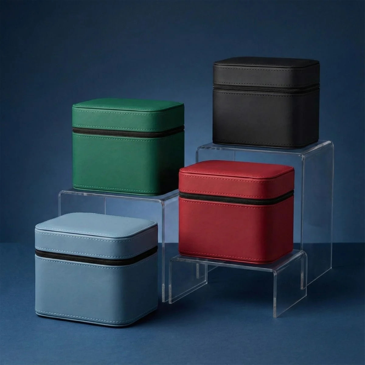 BCW Prism Deck Case - Matrix, compact cube-shaped cases for card protection, displayed on risers, featuring zippered closure and customizable interior for MTG decks.