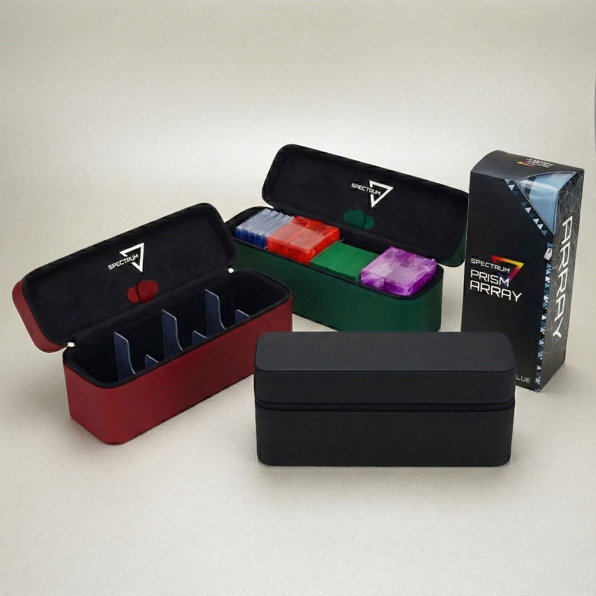 BCW Prism Deck Case - Array displaying card storage cases with dividers and trays, showcasing premium organization for trading card gamers.