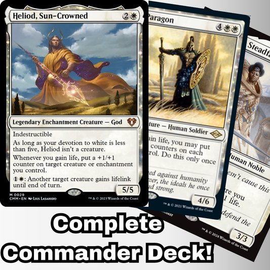 MTG Commander Deck featuring Heliod, Sun-Crowned; a 100-card custom deck emphasizing life gain and counters, crafted for casual play by Moonveil Games.