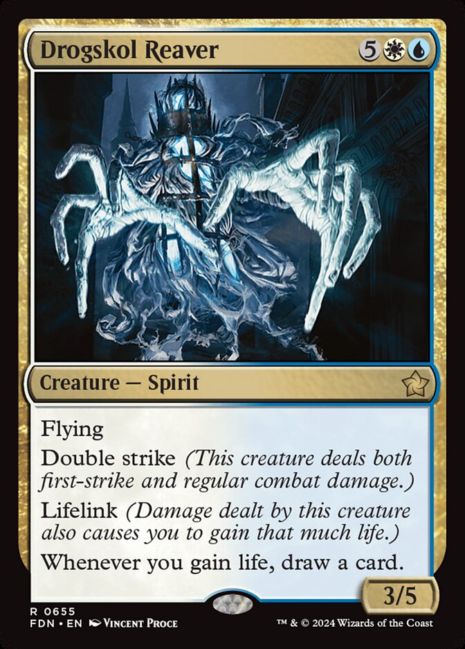 Magic: The Gathering Drogskol Reaver card in a custom-built 100-card Commander deck focused on life gain and mill strategies.