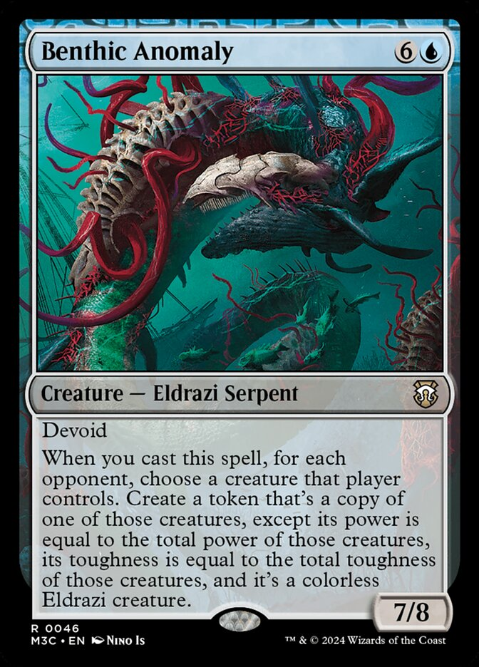 MTG Commander Deck featuring Helga, Skittish Seer; includes Benthic Anomaly card illustrated as a massive Eldrazi serpent underwater, custom-built for casual play.