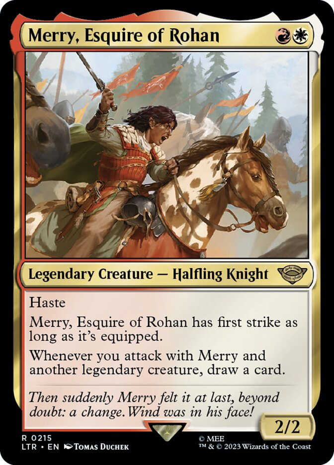 Merry, Esquire of Rohan card in Cloud, Planet's Champion Commander Deck, featuring legendary creatures and equipment for Magic: The Gathering gameplay.