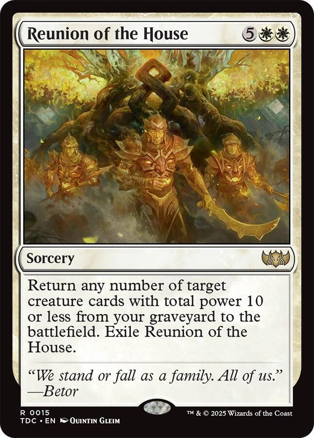 Magic: The Gathering card Reunion of the House, a key component in Moonveil Games' custom-built Doran, Besieged by Time Commander deck.