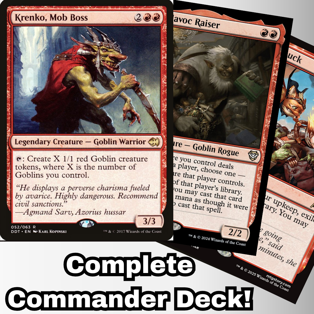 MTG Commander Goblin Deck featuring Krenko, Mob Boss, with visible goblin-themed cards, promoting a ready-to-play custom Magic deck by Moonveil Games.