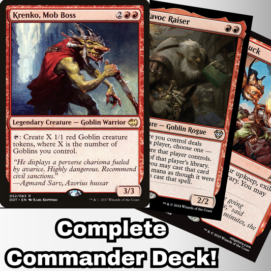 MTG Commander Goblin Deck featuring Krenko, Mob Boss, with visible goblin-themed cards, promoting a ready-to-play custom Magic deck by Moonveil Games.